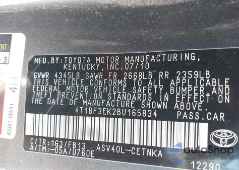 2011 Toyota Camry Le z USA, uszkodzony, nr VIN 4T1BF3EK2BU165834